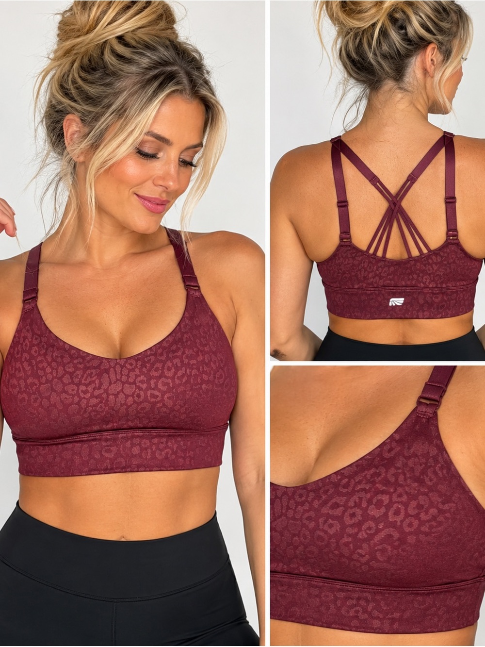 Burgundy Leopard Print Strappy Sports Bra Small